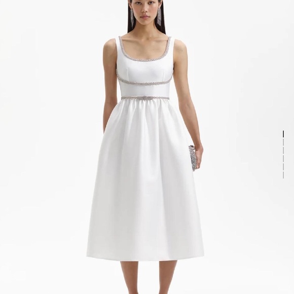 self portrait white taffeta midi dress SELF-PORTRAIT RUCHED TAFFETA MIDI DRESS UK 8